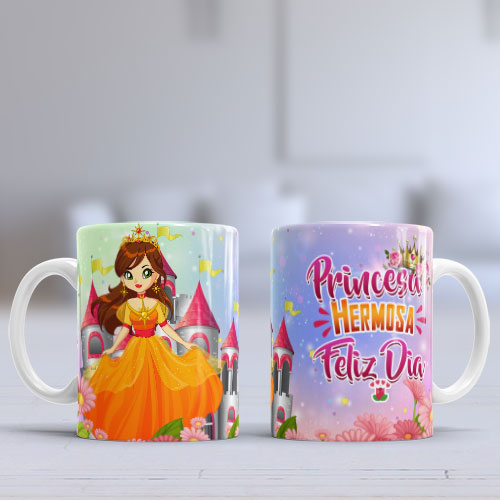 Dos tazas blancas sublimadas con un diseño de cumpleaños